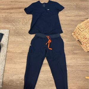 FIGS Navy Scrub Set With Orange Drawstrings